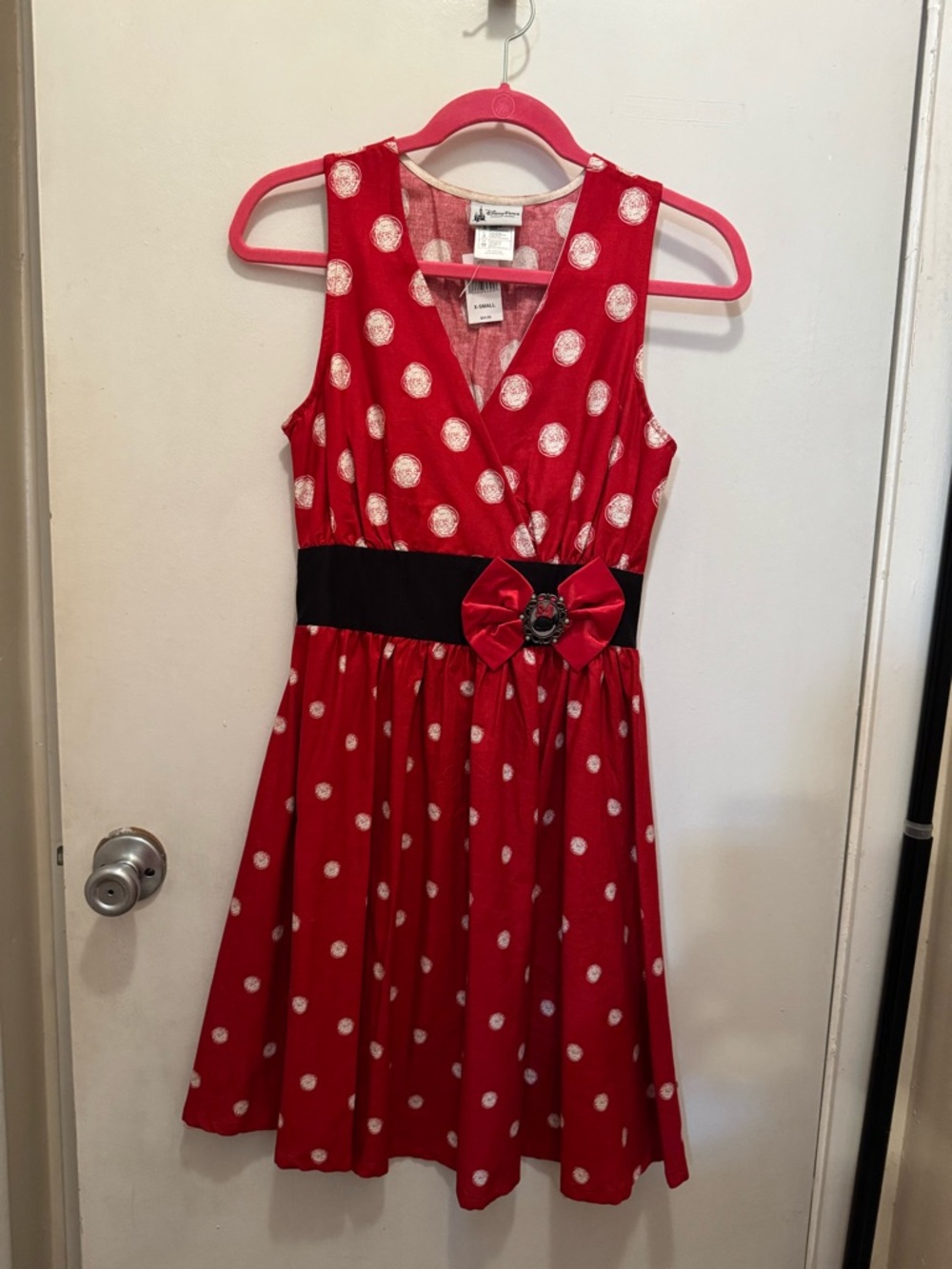 Disney Parks Brand MinnieRed Polka Dot Formal Dress with Black Waistband and Bow